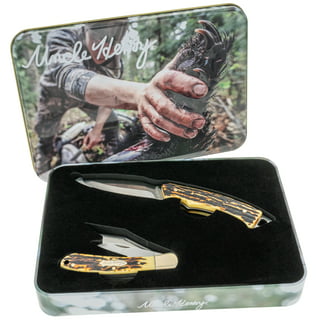 Old Timer Limited Edition 3pc Gift Tin, Sharpfinger, 3-Blade Middleman & 2- Blade Small Canoe Knife Set with Classic Old Timer Sawcut Handles,  Sharpfinger Sheath and Collectible Gift Tin. 