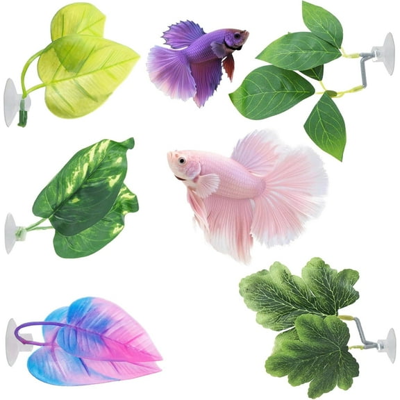JUMRHFAN 5 PCS Betta Fish Leaf Pad, Betta Bed Leaf Hammock, Realistic Fish Tank Decorations with Suction Cup for Sleeping Resting Hiding Playing Breeding, Colorful Design Natural Habitat