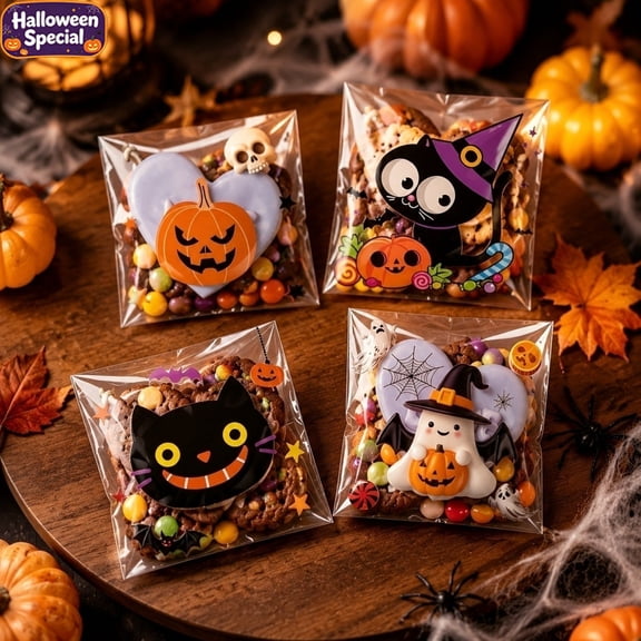 100 Pcs Self-Adhesive Halloween Treat Bags, Clear Plastic Candy Pouches, Peel-and-Stick Seal Snack Bags, Trick or Treat Classroom Favors Halloween Party Baking Packaging Supplies