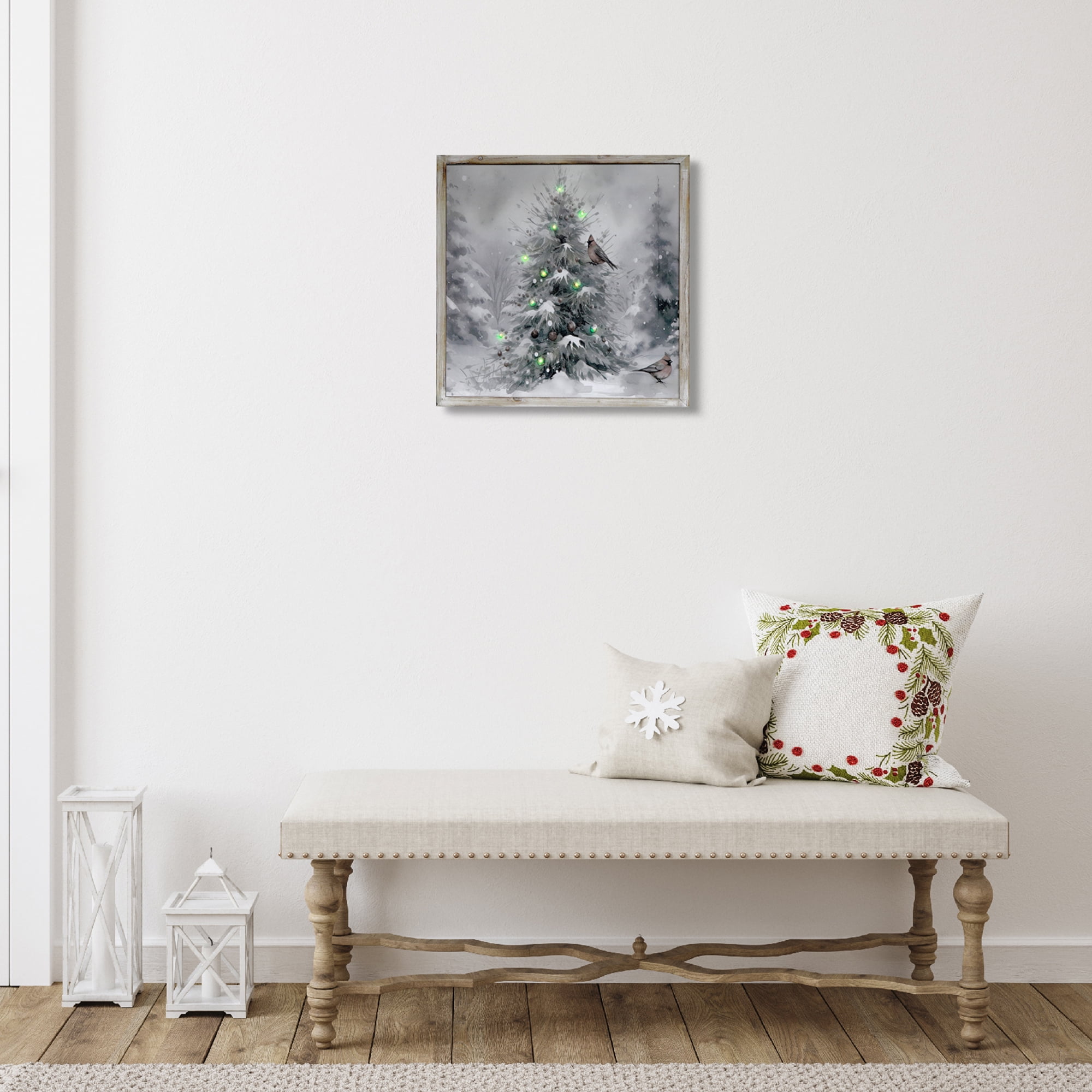 Led Framed Wall Art (Snow Pine Tree With Birds)