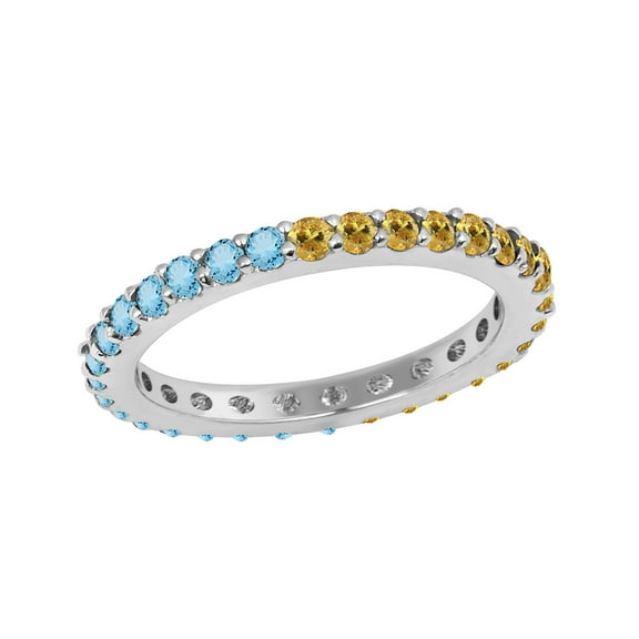 2mm Round Shape Blue Topaz & Citrine 925 Sterling Silver Eternity Valentines Day Gifts Ring