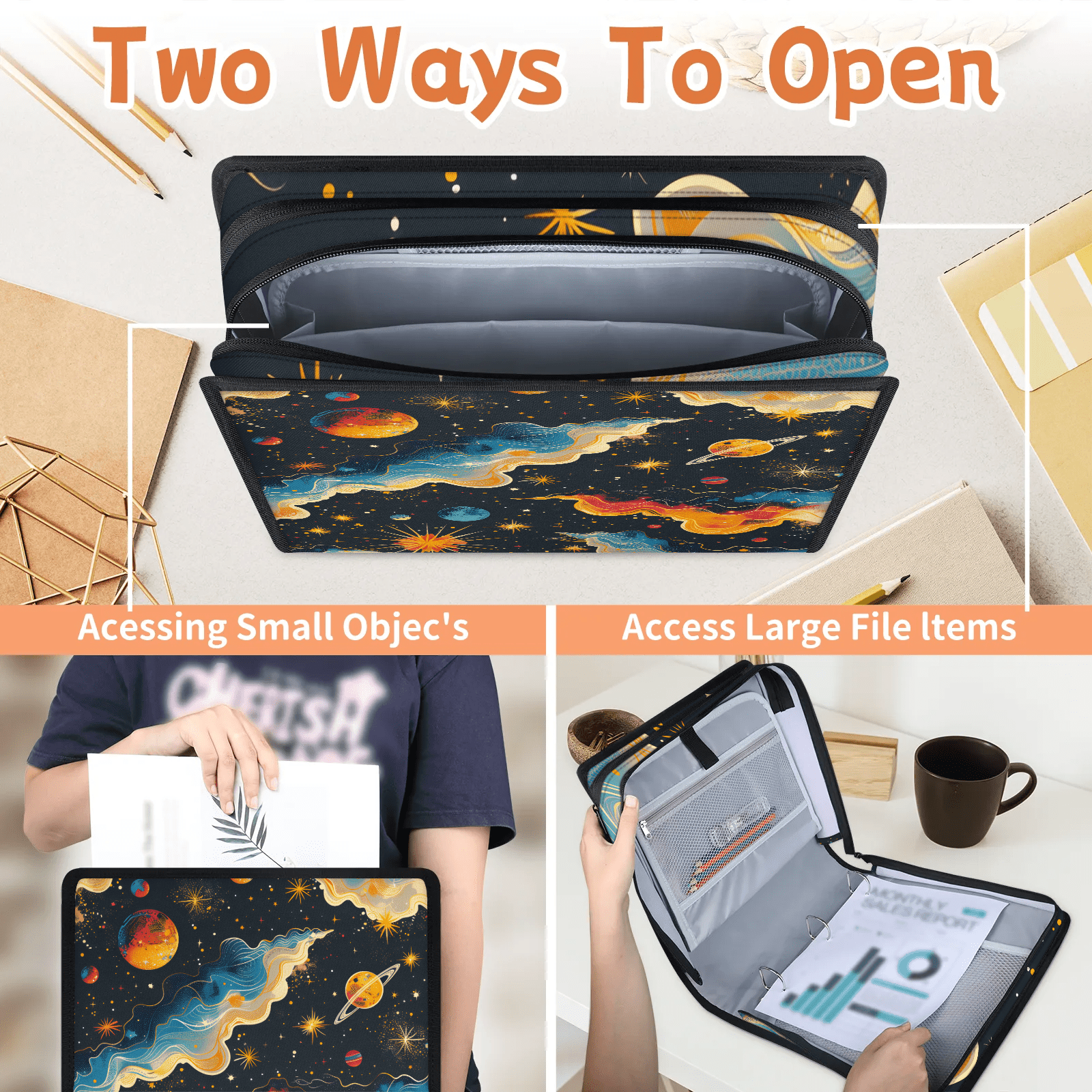 Herdesigns Outer Space Zipper Binder 1.5 Inch 3 D-Rings with Shoulder Strap & Handle, Waterproof Galaxy Star Binder Organizer Bag for 13 Inch Laptop