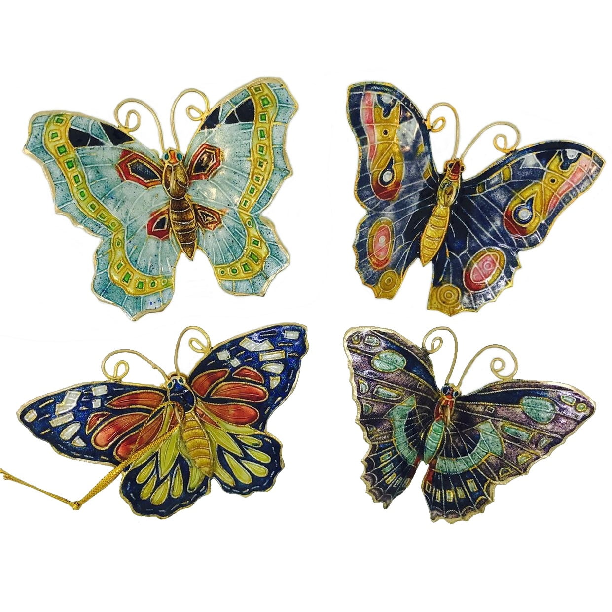 Aqua Butterflies Cloisonne Metal Christmas Tree Ornaments Set of 4