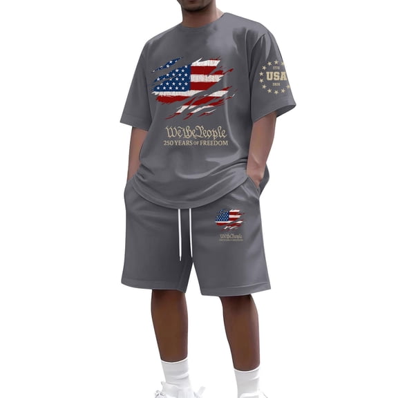 Sewkxo Men's USA Shirt and Shorts Set American Flag 2 Piece Outfits Fashion Summer Tracksuits Casual Sportwear Set,Gray M