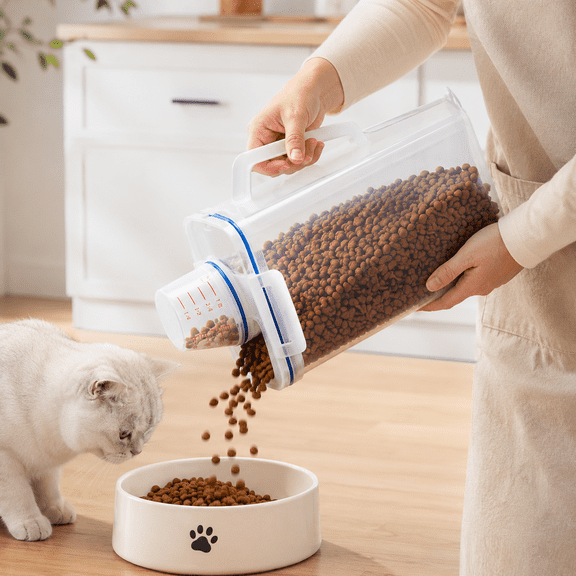 Airtight Seal Pet Food Storage Container, Clear Dry Kibble Dispenser with Pour Spout & Measuring Cup, Moisture-Proof Dog Cat Food Bin Multi Size Options