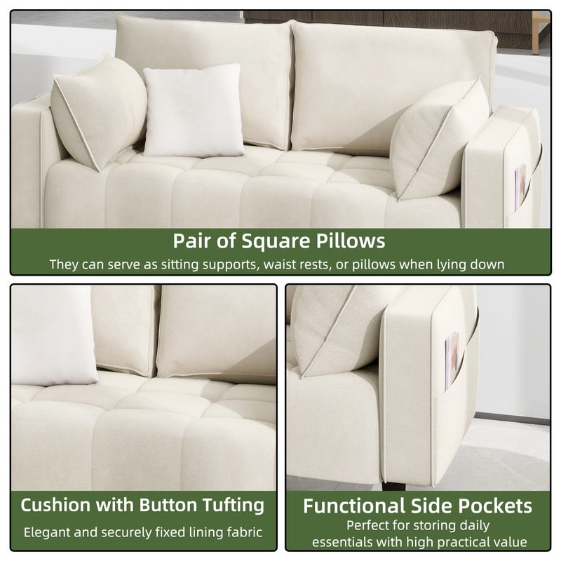 Uforic 56" Beige Velvet Loveseat With Solid Wood Legs, Mid-Century Modern Design
