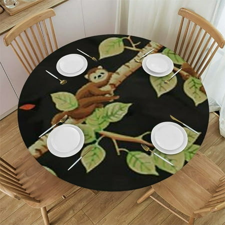 Sloth Tablecloth Elastic Edged Polyester Round Table Cloth for Kitchen Dinning Party Wedding- Medium Round - Fits Tables Up to Diameter.