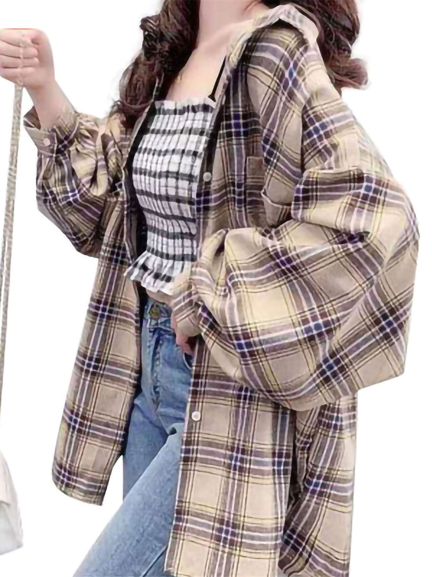 Plaid Shirts for Women Fall Tops Buttons Down Jackets Lapel Long Sleeve Blouse with Pockets Casual Loose Tunic 