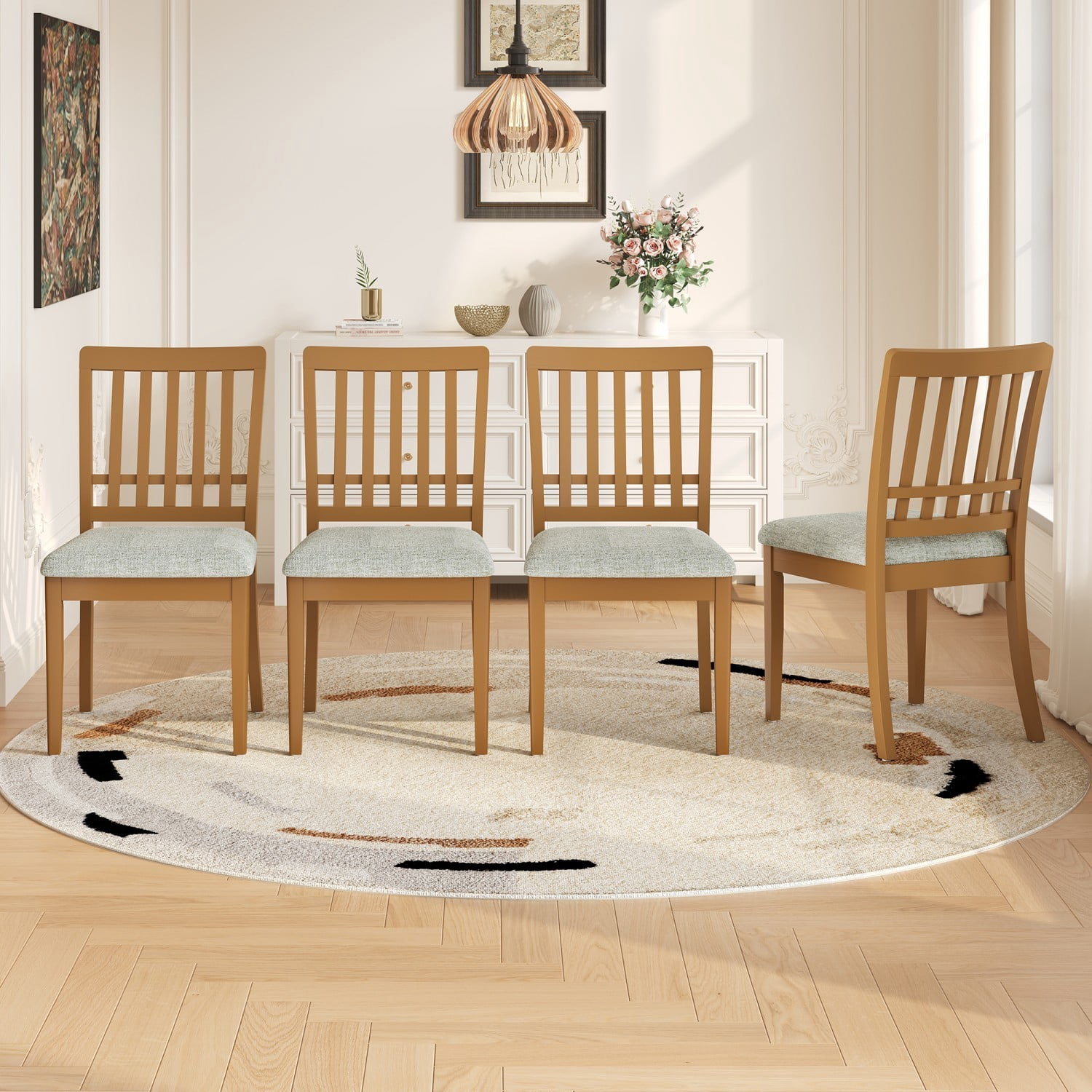 Modern Scandinavian Dining Chairs Set of 2 Curved Wood Backrest Fabric Seat Rubber Wood Frame Kitchen Chairs for Dining Room Apartment, Light Brown
