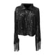 thumbnail image 5 of Chaqueta de lentejuelas con borla para mujer, cárdigan con frente abierto, abrigo de solapa brillante, manga larga para vacaciones en discotecas en la negro, 5 of 7