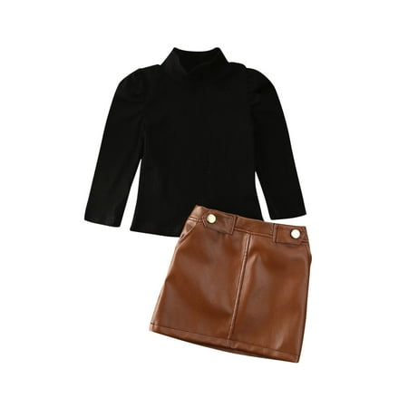 

Tregren Toddler Baby Girl Turtleneck Long Sleevet Knitted Sweater Tops T-Shirt Button Mini PU Leather Skirt Clothes Dress