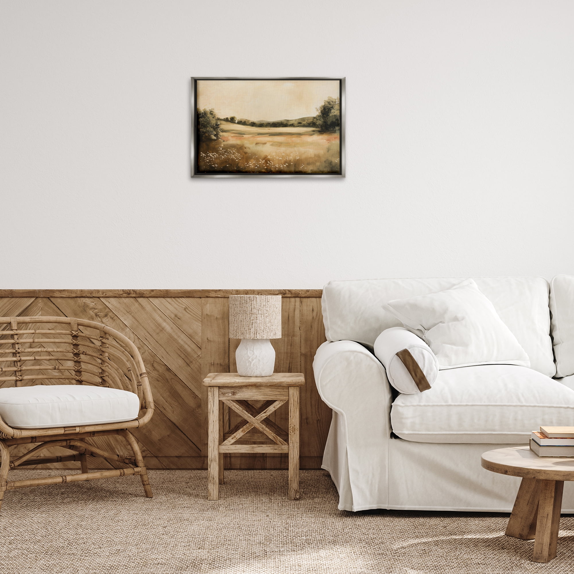 Stupell Industries Neutral Meadow Landscape Landscape & Nature Painting Gray Floater Framed Canvas Art Print Wall Art, 25 x 17