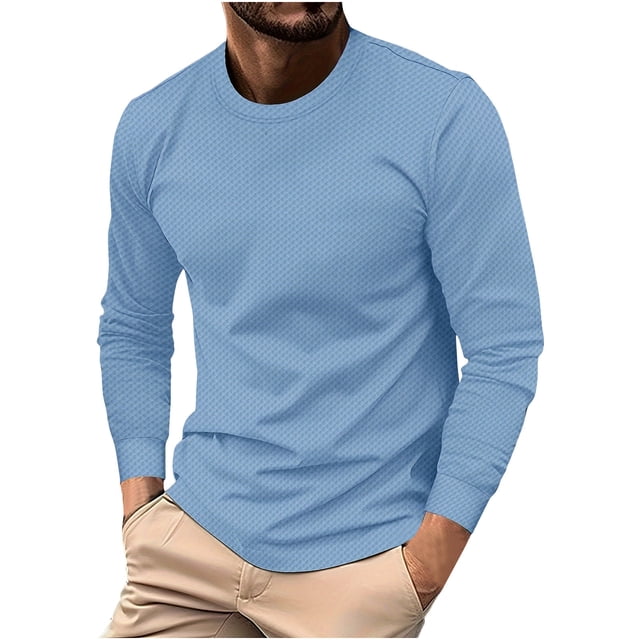 FAIWAD Mens Long Sleeve Tops Round Neck Basic Pullover Tops Classic Solid Color Lightweight Blouse Tops