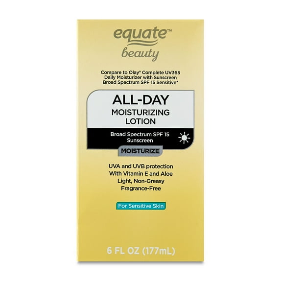 Equate Beauty All-Day Moisturizing Lotion for Sensitive Skin, SPF15 6 fl oz, Compare to Olay® Complete UV365 Daily Moisturizer with Broad Spectrum Sunscreen SPF 15 Sensitive