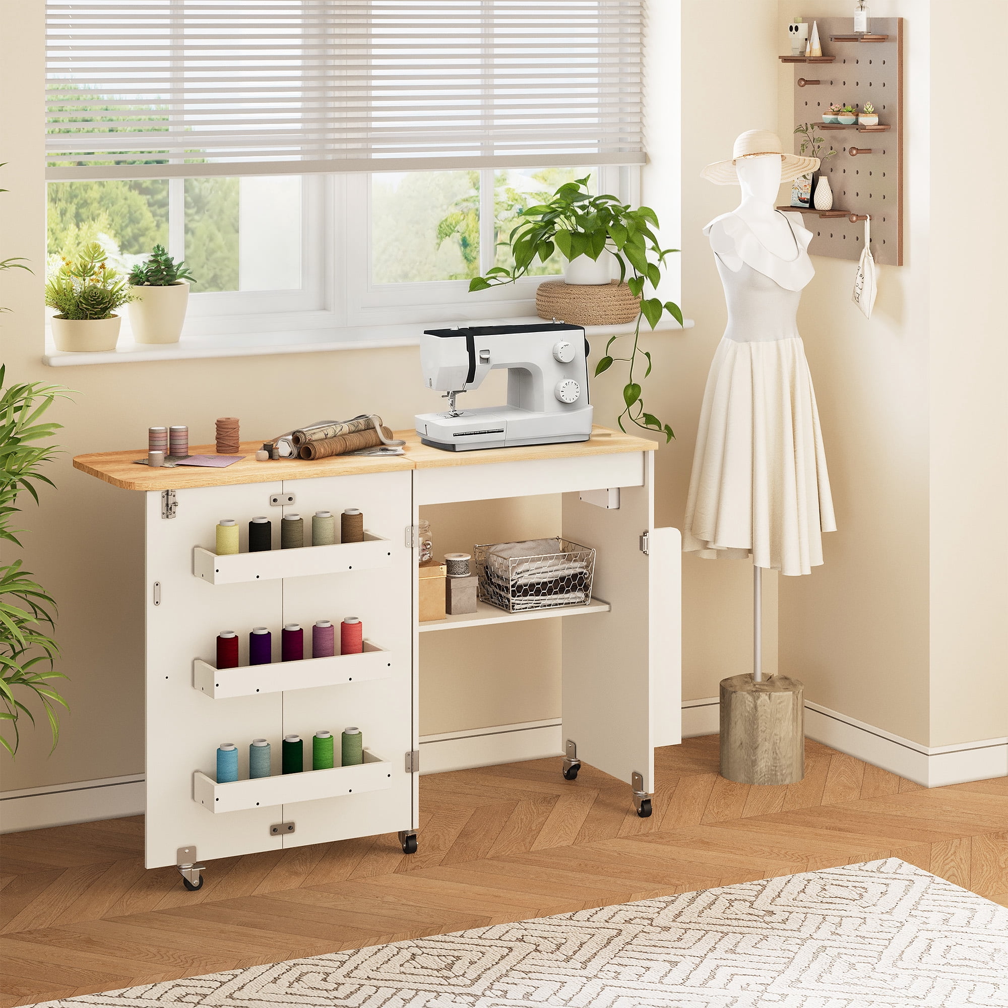 WARAYZ Foldable Space-Saving Sewing Table with Storage, Power Outlet, 6 Side Trays & Open Shelf, Lockable Wheels, White, 1 Count