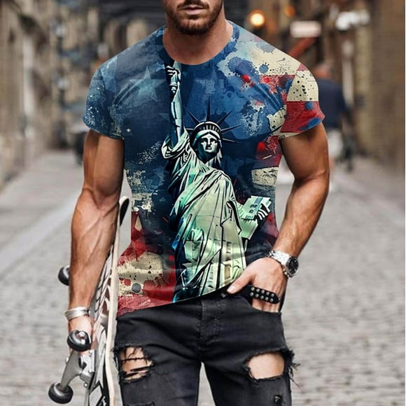 Blusas y camisas de manga corta y cuello redondo para hombre. Blusas de manga corta con cuello redondo y estampado del Día de la Independencia para hombre. Blusa para hombre.