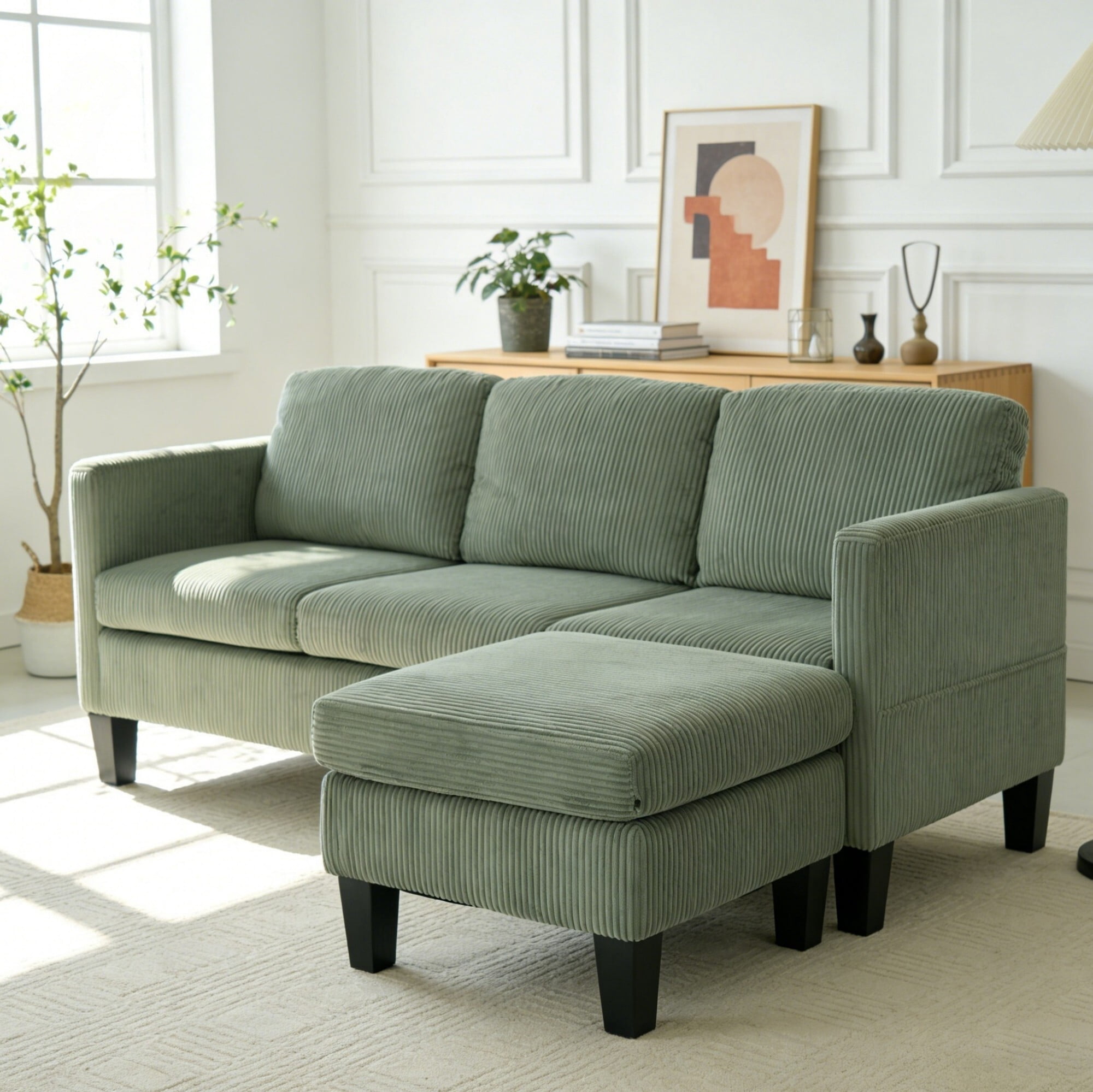 AENKYO 67" L-Shaped Corduroy Sectional Sofa with Storage Ottoman, Modern 3-Seat Couch w/ Side Pockets, Green