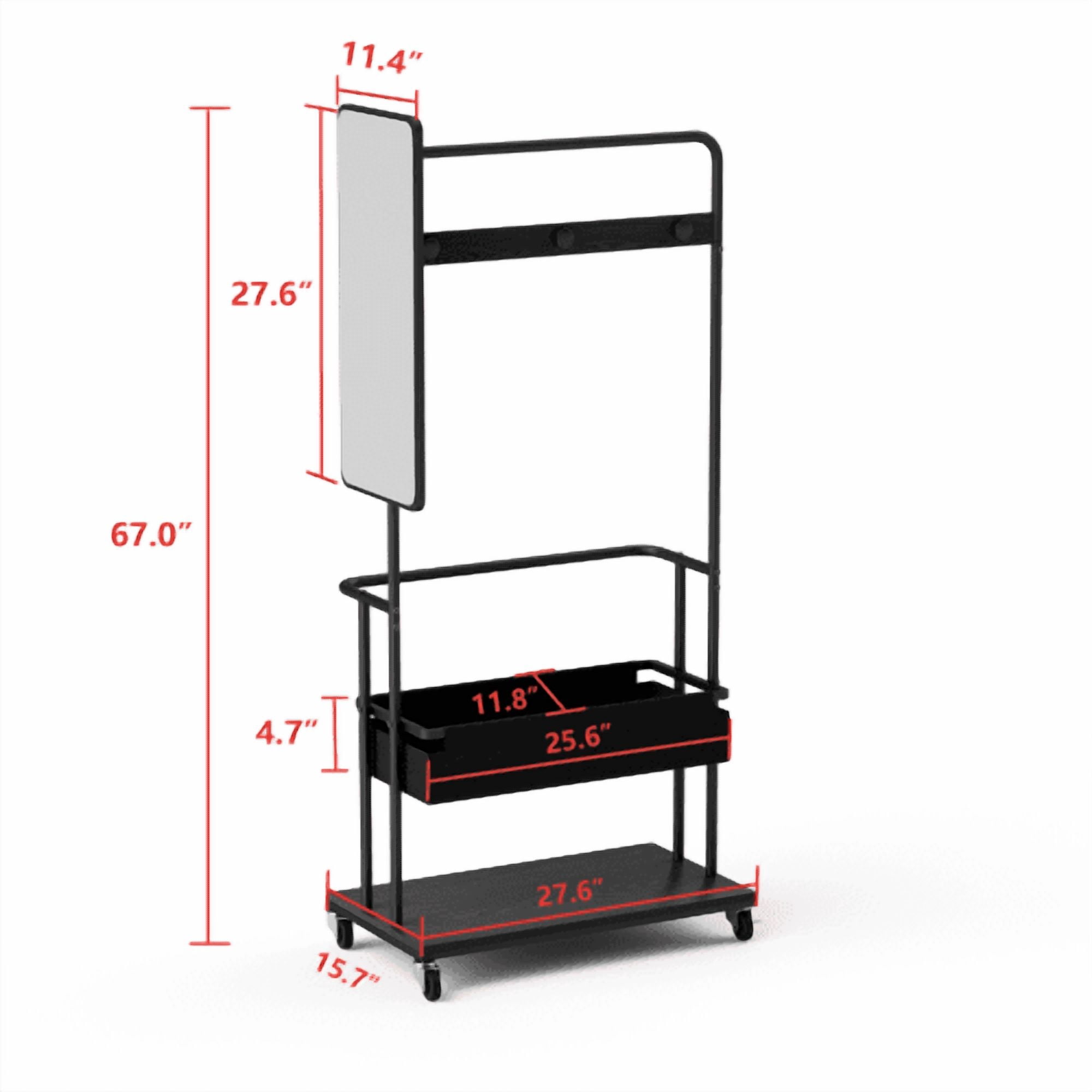 3-in-1 Metal Coat Rack with Casters, Rolling Garment Rack with Mirror & Storage Basket, Heavy Duty Hanging Clothes Rack on Wheels, Black