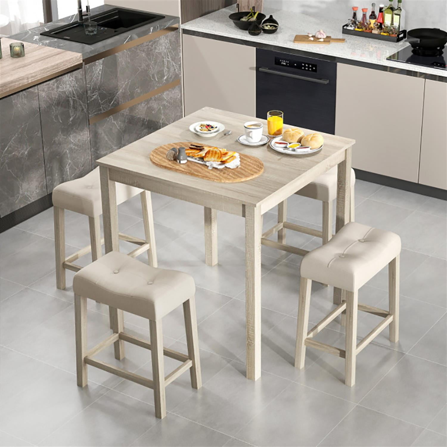 Demi Bonn 5-Piece Bar Table Set with Square Table and 4 Padded Stools, 35" Wooden Kitchen Dining Table Set, Perfect for Small Space, Gray