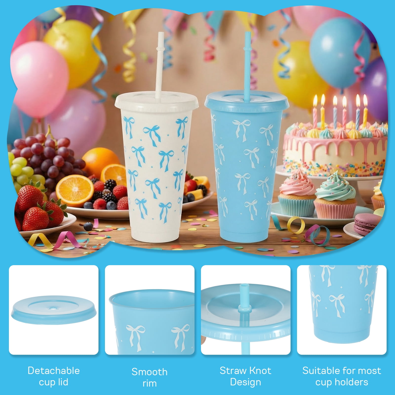 24 Pcs 24oz Bow Plastic Cup with Lid Straw and Ribbon Reusable Tumbler for Birthday Wedding Baby Shower Bridal Party Blue