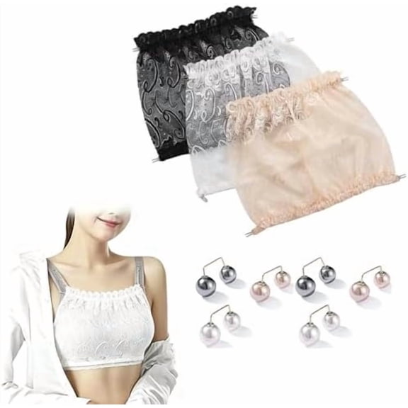 3Pcs Lady Lace Modesty Panel Set with Adjustable Cleavage Cover Wearable Mock Camisole Bra Insert Overlay Black