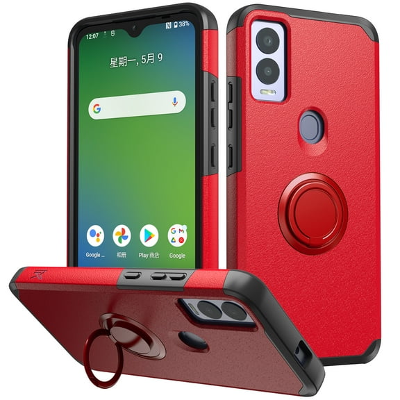 For Cricket Magic 5G 2023 Ring Kickstand Cellphone Cover Case   Tempered Glass - mkrng Red