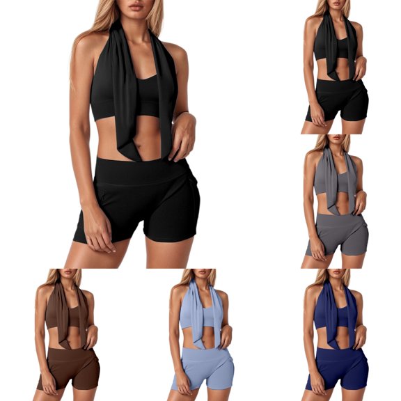 Hpapadks Women's Gym Sets Seamless Stretchy Solid Sports Bra Leggings Shorts and Cape 3 Piece Yoga Set Yoga Outfits for Women Black A