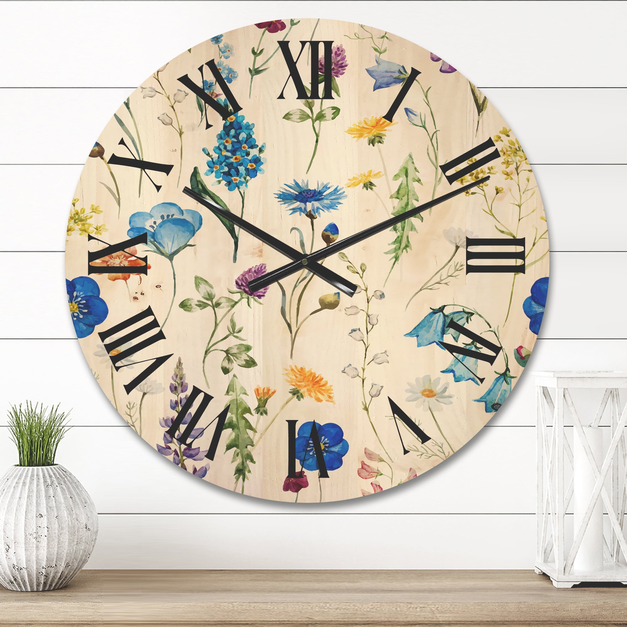 Designart 'Blue Wildflowers With Leaves I' Traditional Wood Wall Clock