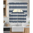 thumbnail image 2 of Navy Blue Grey Striped Kitchen Curtains Swag Valance and Tier Curtains Set 24 Inch Length, Gradient Horizontal Lines Rod Pocket Drape Panels Pair Swag Curtains for Bathroom/Cafe/Window, 2 of 6