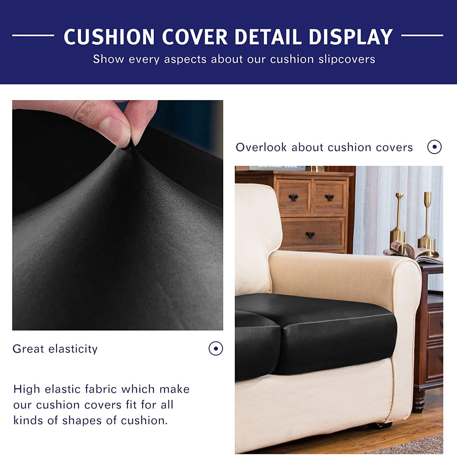 Water Resistant Cushion Cover, Leather Couch Cushion Cover Soft Furniture Protector Easy to Clean and Durable Cushion Cover for Restaurant-black-3-Seat