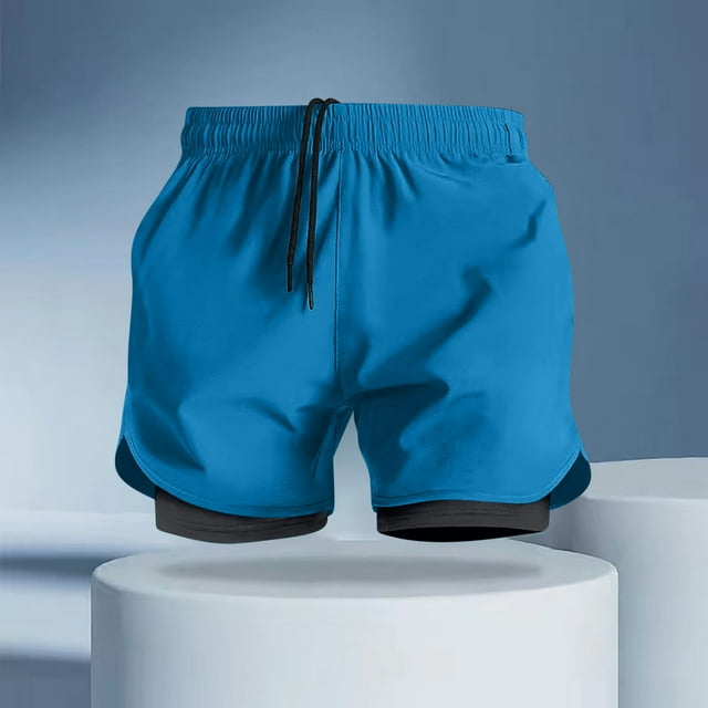 Ceisia Men's Summer Solid Color Double-Layer Gift Running Shorts - Breathable Quick-Dry Fitness Drawstring Elastic Waist Shor ts