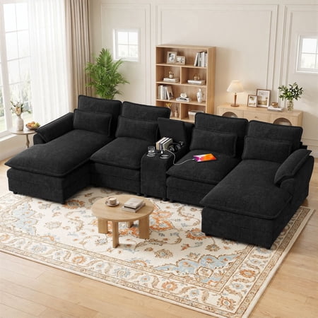 Villeston 129" U-Shaped Cloud Sofa With Chaise Lounge, Chenille Sofa With Wireless Charging, Bluetooth Speaker, Two Cup Holders, Storage Drawer, Suitable For Living Room,Black