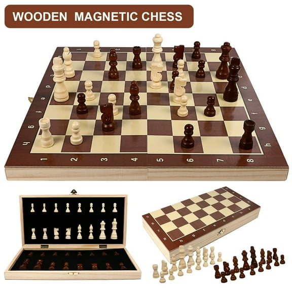 QUTETN Wooden Chess Set 1 Set Magnetic Chess Set Wooden Chess Board Portable Travel Chess Magnetic Chess Pieces Folding Chess Board