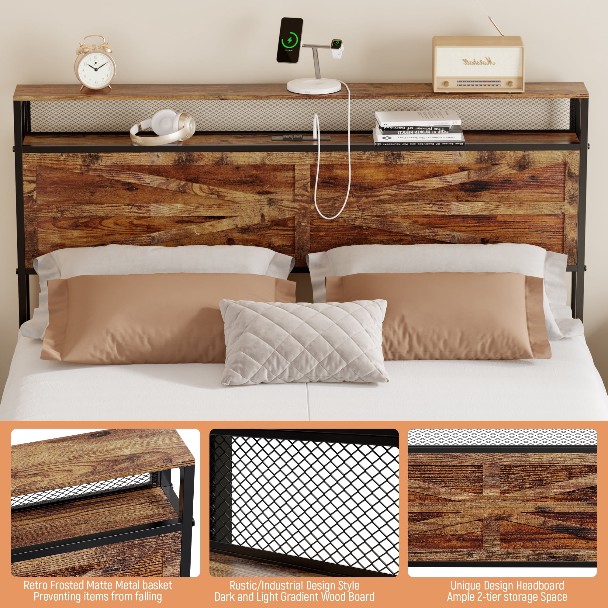 BEHOST Twin Bed Frame Heavy Duty Metal Platform with Headboard Shelf USB and Power Outlets Vintage Brown