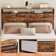 BEHOST Twin Size Farmhouse Bed Frame with Storage Headboard, Wood Platform Bed Frame with USB Ports & Power Outlets, Heavy Duty Metal Slats, No Box Spring Needed, Vintage Brown