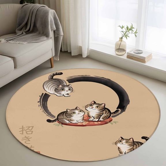 Round Rugs 3Ft, Brown Cute Cat Round Area Rug Washable Indoor Throw Carpet, Modern Art Small Non Slip Circle Rug for Bedroom Living Room Home Decor Aesthetic