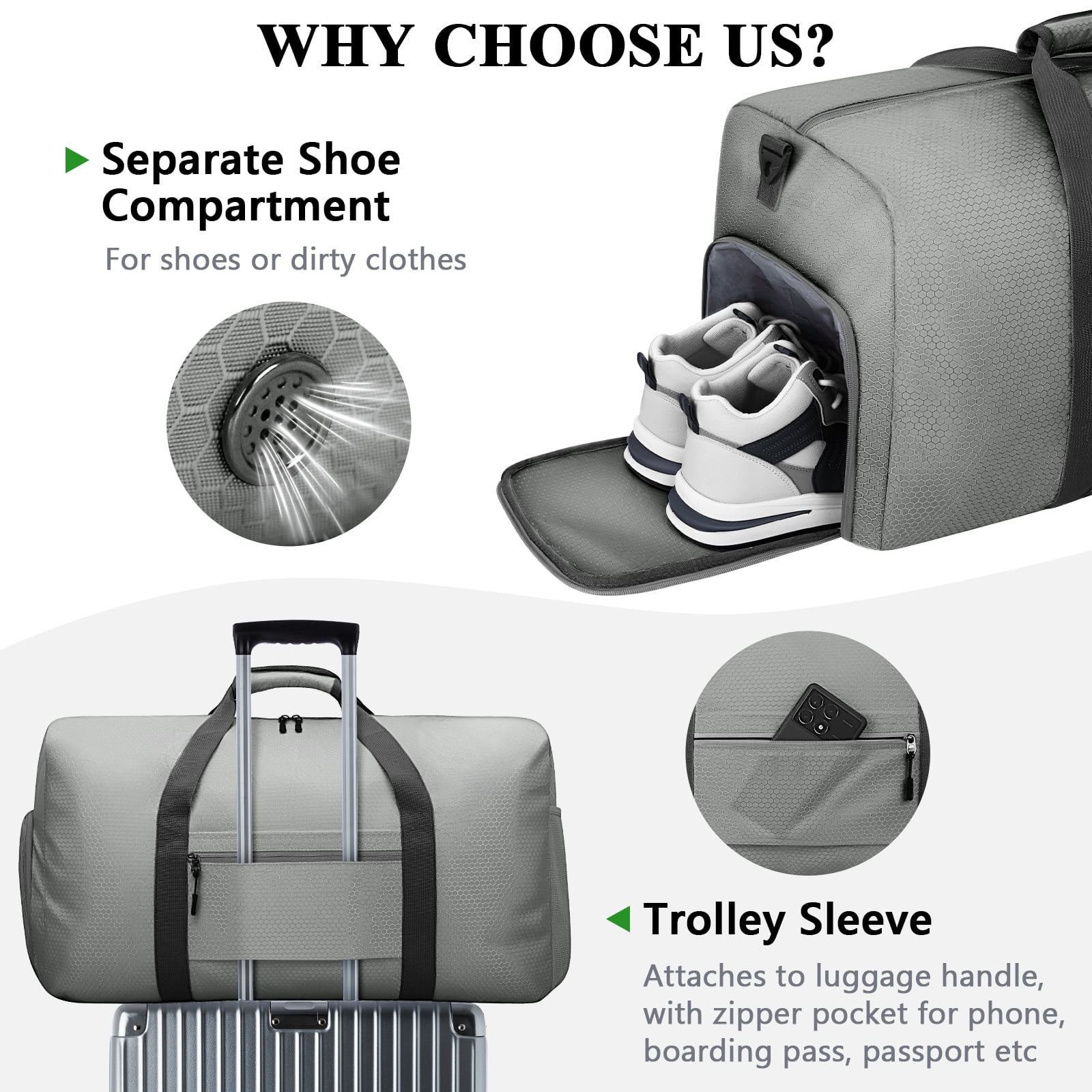 XUEYU 65L Travel Bag, Large Travel Duffel Bags with Shoes Compartment and Adjustable Strap, Foldable Travel Duffel Bags for Men Women,Waterproof Duffel Bags for Traveling Camping, Touring, Gray