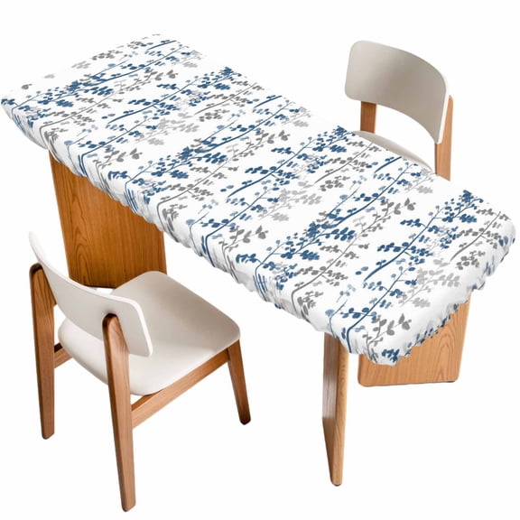 Navy Blue Grey Botanical Table Cloths for 8 Foot Rectangle Tables, Spring Floral Summer Farmhouse Patio Waterproof Elastic Fitted Tablecloths, Washable Rectangular Table Cover for Camping