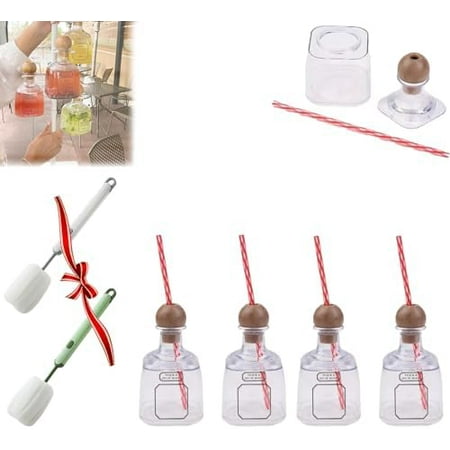 Patron Reusable Cups with Straw, 13oz Acrylic Patron Bottle Empty for Drinks, Plastic Mini Patron Tequila Bottles, Mini Champagne Bottles for Drinks for Cocktail, Champagne, Wine (4pcs)