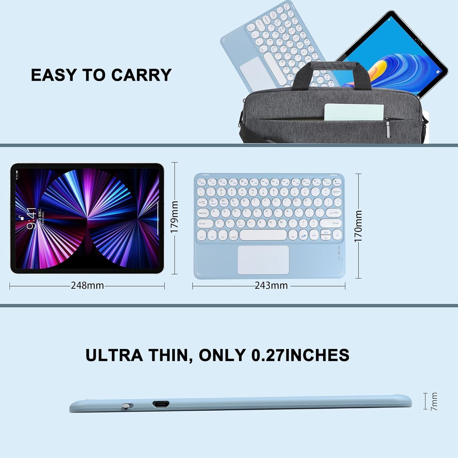 Portable Wireless Bluetooth Keyboard with Touchpad, Ultra-Thin Rechargeable Bluetooth Keyboard Mini with trackpad Round Key for iPad pro/iPad/iOS/Android (Blue)