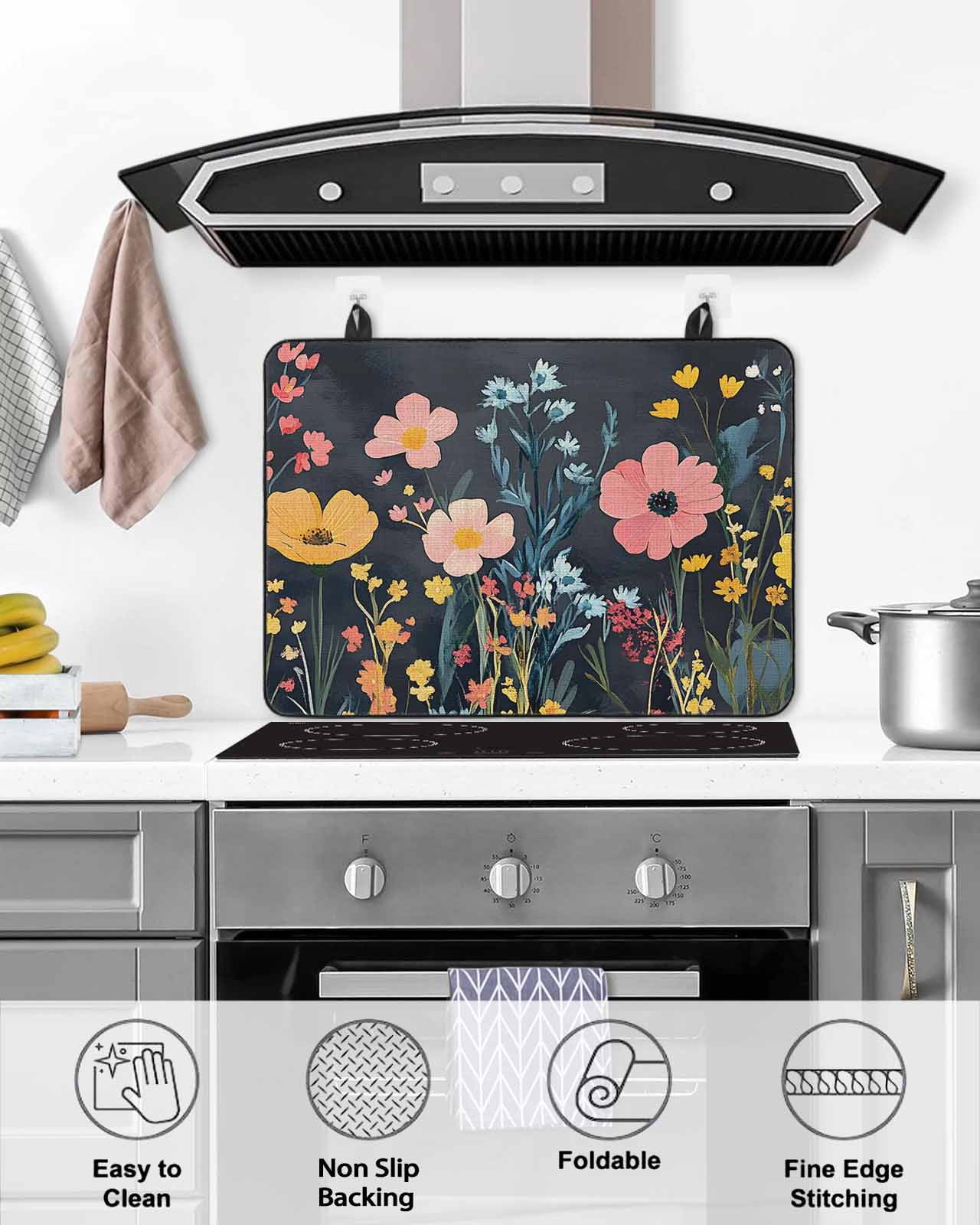 nqOlkjepod Large Induction Cooktop Protector Mat 24"x21", Wildflowers Stove Top Covers for Electric Stove, Spring Botanical Pastoral Summer Flowers Stove Burner Cover Mats, Glass Top Stove Cover
