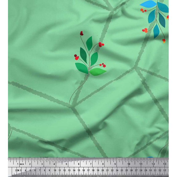Soimoi Poly Georgette Fabric Leaves,Red Berries & Maze Cube Geometric Decor Fabric Printed Yard 52 Inch Wide