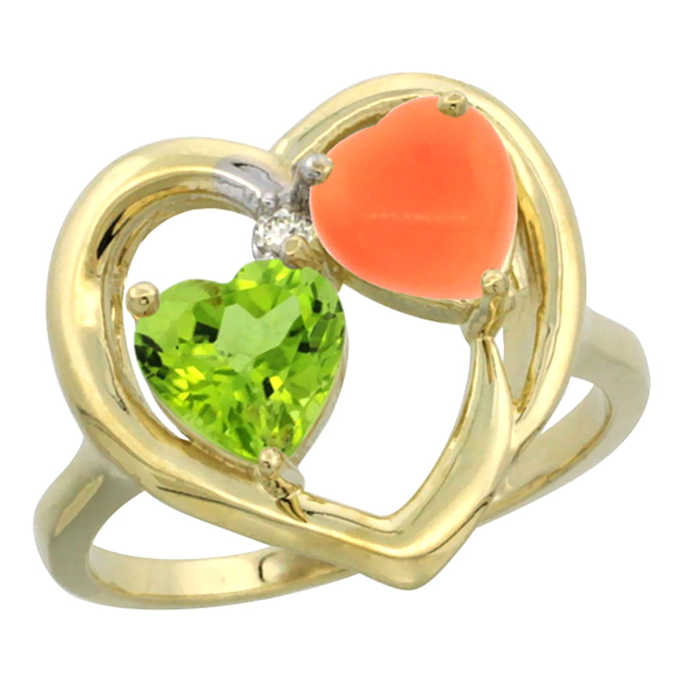 10K Yellow Gold Diamond Two-stone Heart Ring 6mm Natural Peridot & Coral, sizes 5-10 by WorldJewels