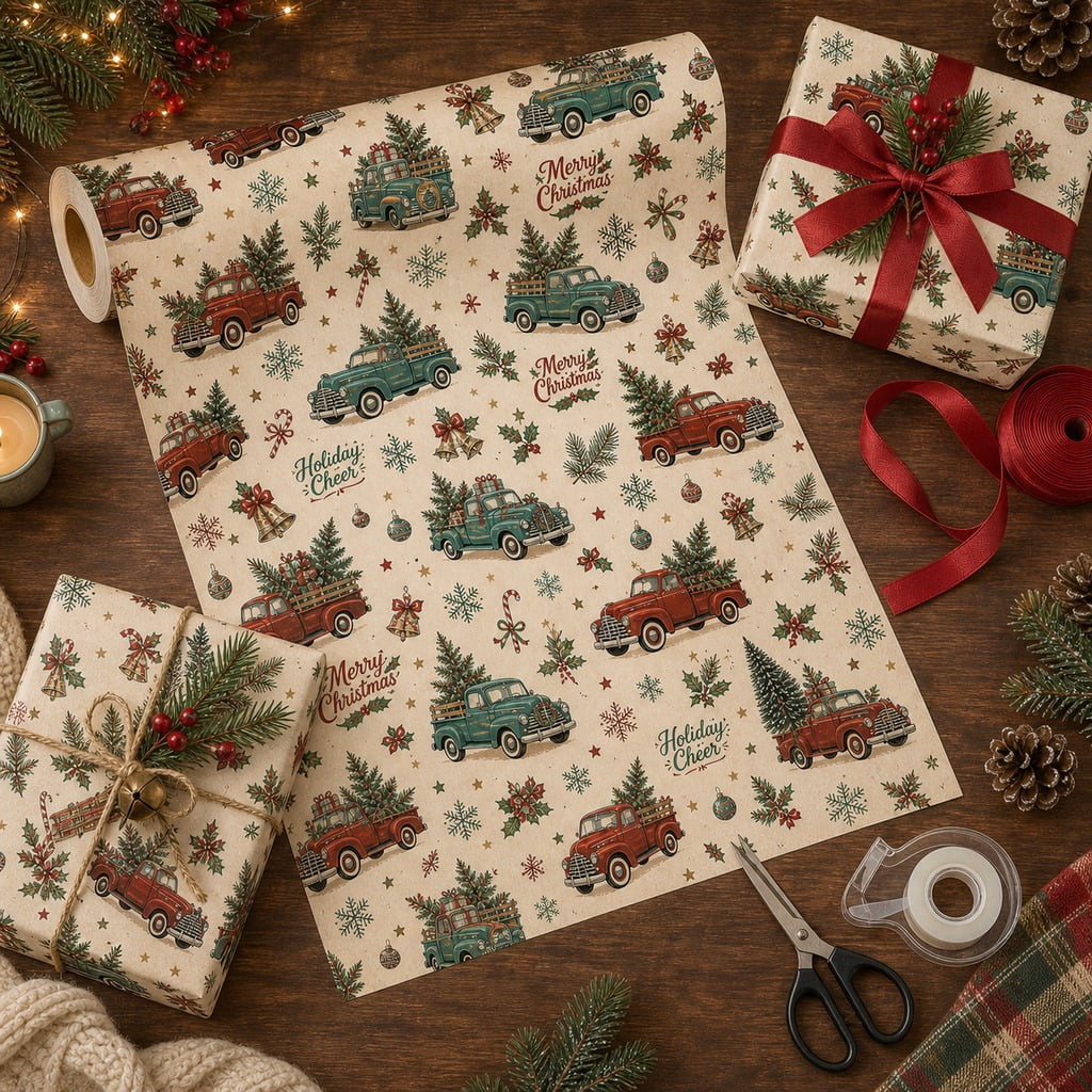 Christmas Wrapping Paper Vintage Holiday Truck Pattern Gift Wrap for Holiday Presents