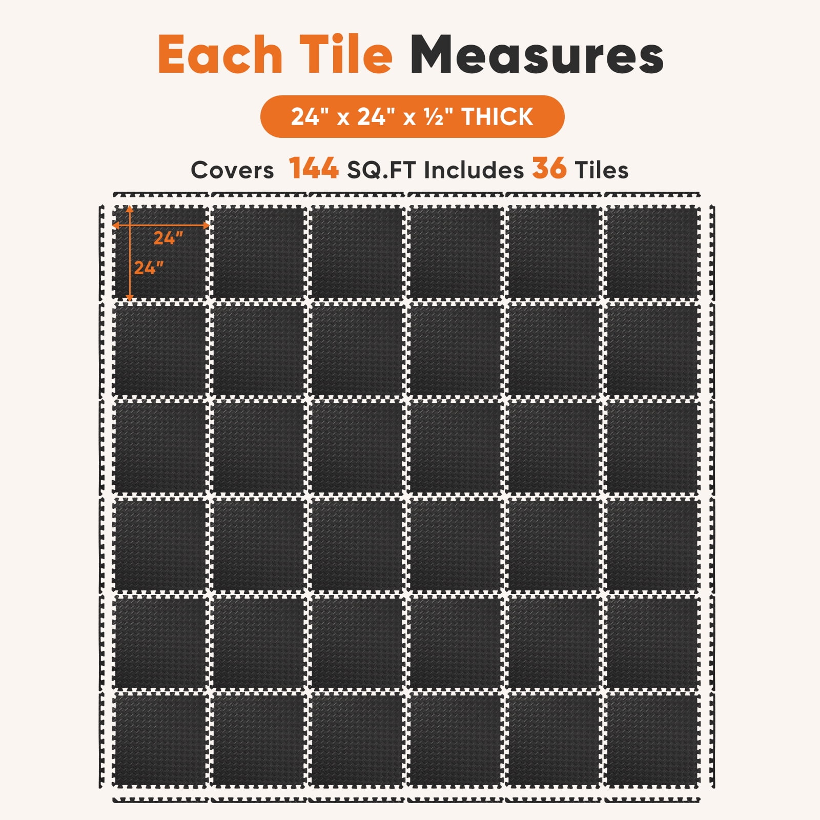 EDX 24 inch EVA Foam Tiles, 36P Puzzle Exercise Mat for Home Gym & Floor Padding, Black