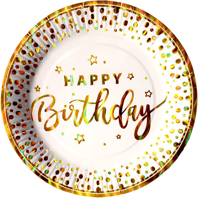 24 pz plato cartón pastelero premium happy birthday hb blanco confeti oro — plato desechable redondo de 19.2 cm con fondo blanco y leyenda dorada 'Happy Birthday', borde con motas de confeti oro impreso y brillo, paquete de 24 piezas ideal para pasteles, postres y reuniones festivas; apto para servir aperitivos en picnics.