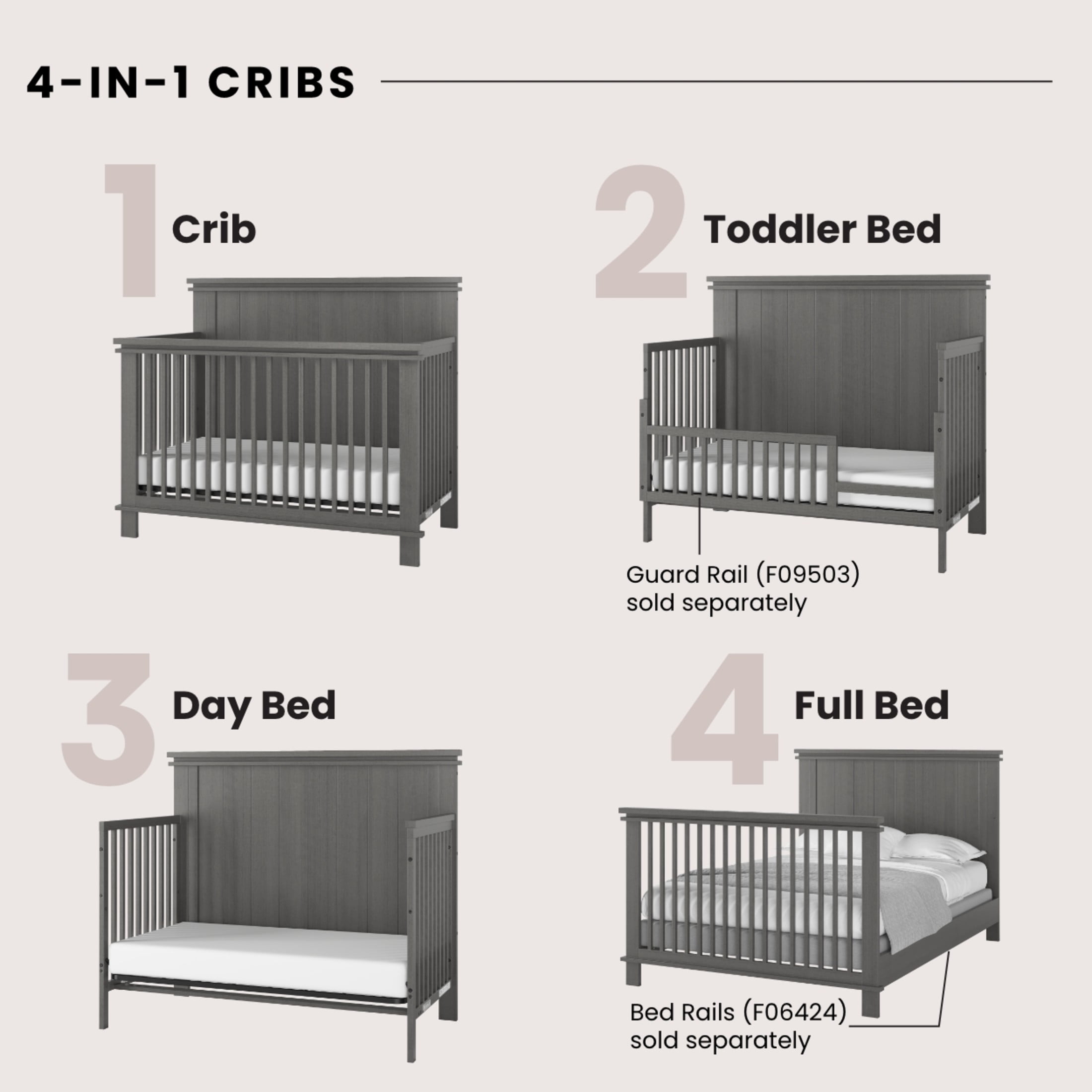Child Craft Denman 4-in-1 Convertible Crib, Craftsman Panel Design, 2 Mattress Heights, Midnight Gray