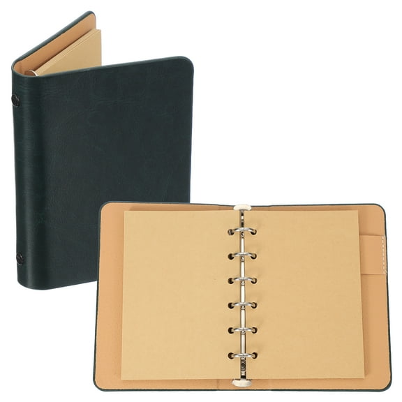 Uxcell 6 Ring Binder Cover, 1 Pack A7 kraft Leather Notebook Binder Mini Refillable Loose Leaf Personal Planner with 50 Sheets Paper, Dark Green