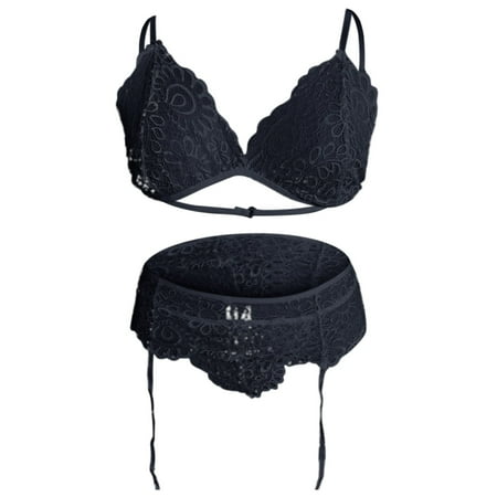 

Exotic Lingerie Sets For Women Solid Color Lace Three Point Suit With Garter Belt Multi Piece Underwear Cut Out Bra Sets