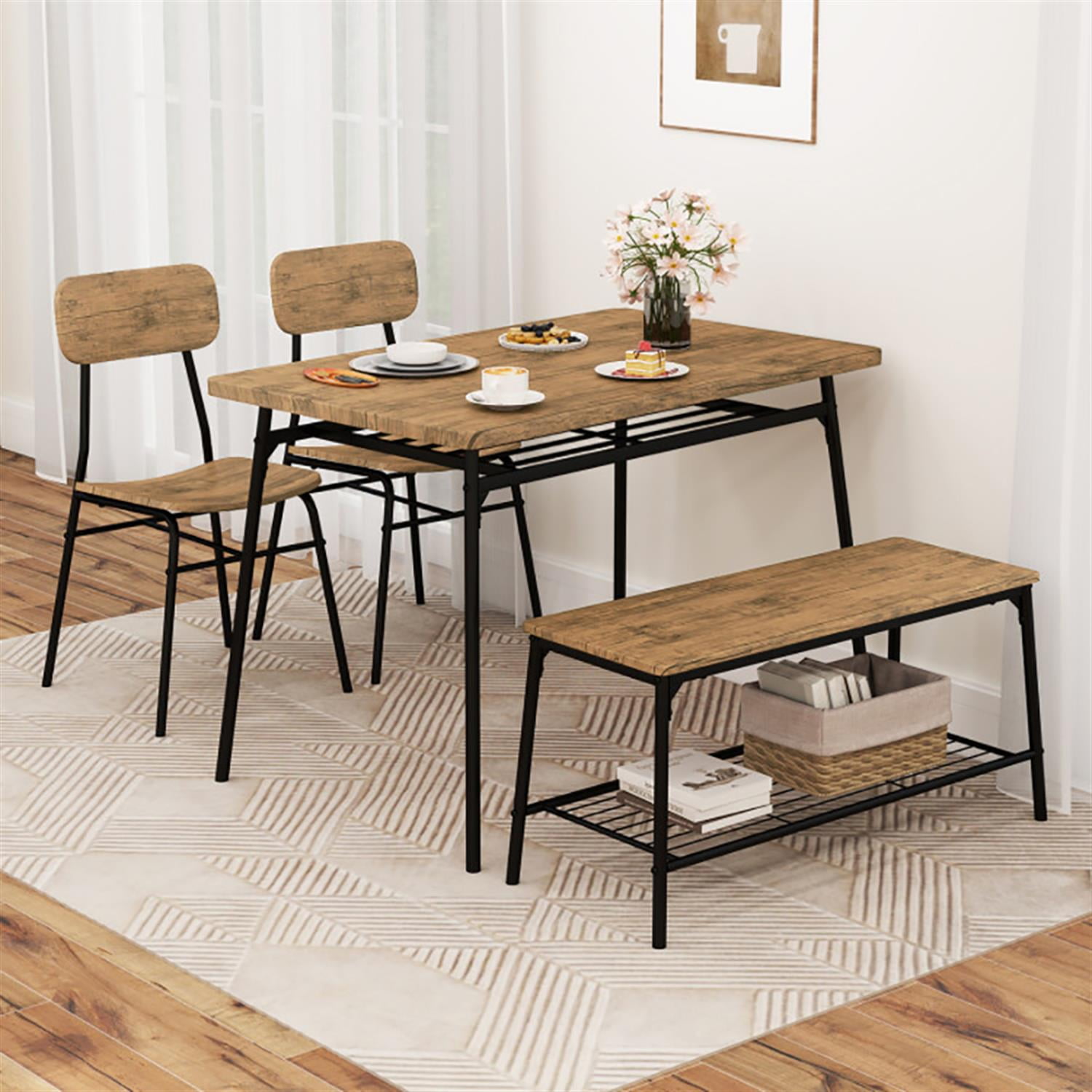 Demi Bonn 4-Piece Dining Table Set with Bench and 2 Chairs, 43" Kitchen Table with Metal Frame and Storage Rack, Perfect for Small Space, Brown